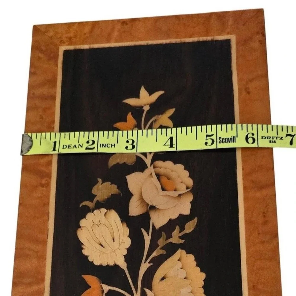 Vintage Italian Marquetry Wood Inlay Floral Wall Art Plaque Burl Wood Frame14.5" - Picture 5 of 6